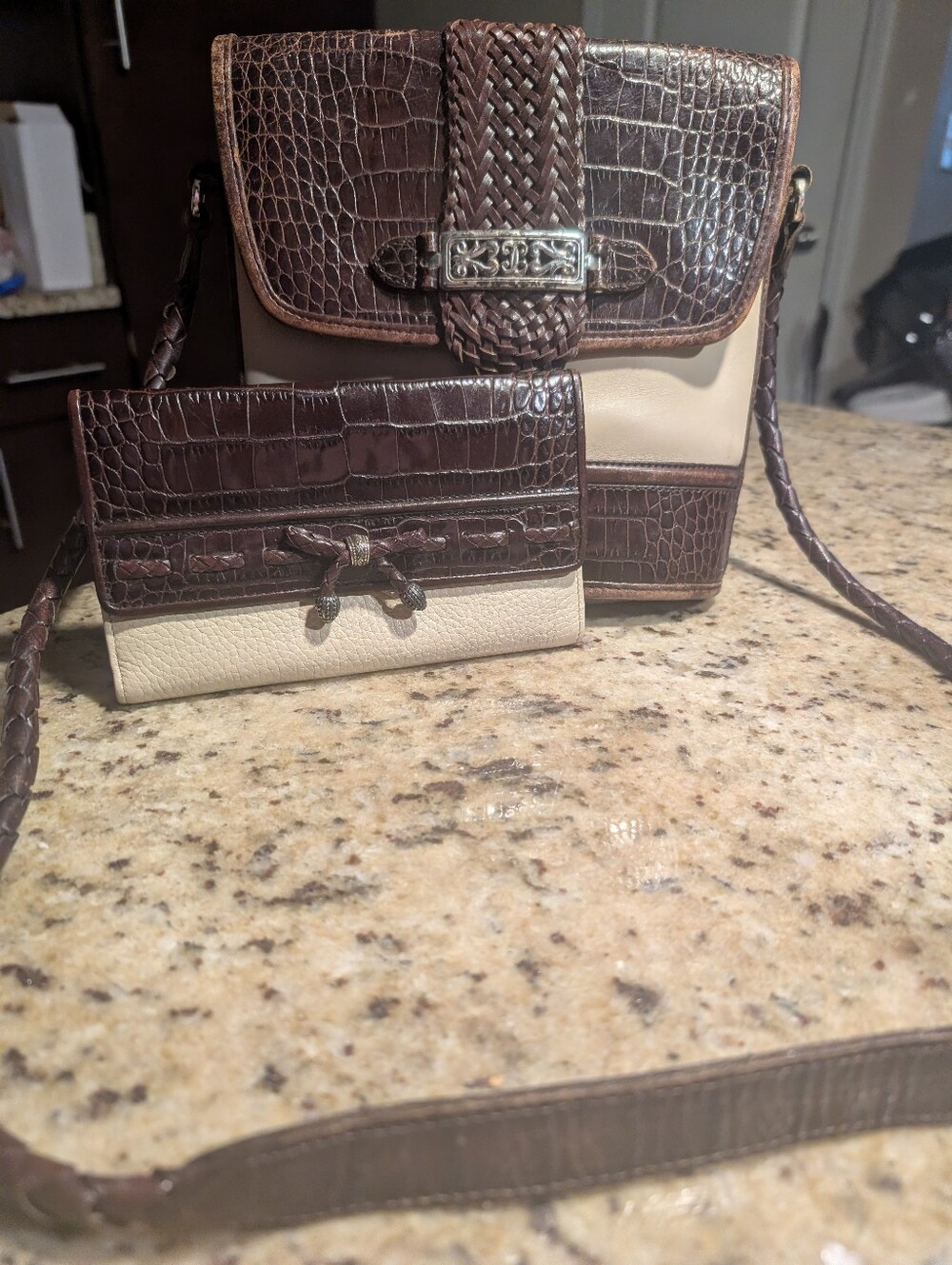 Brighton Vintage Two Tone Croc Embossed Cream Brown Shoulder Bag Wallet